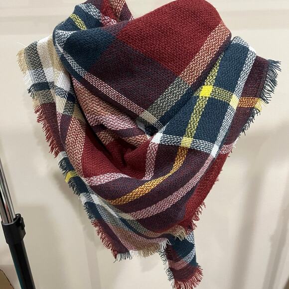 Plaid Autumn/Fall Maroon Green Yellow Blanket Scarf Wrap and Shawl - Picture 3 of 7